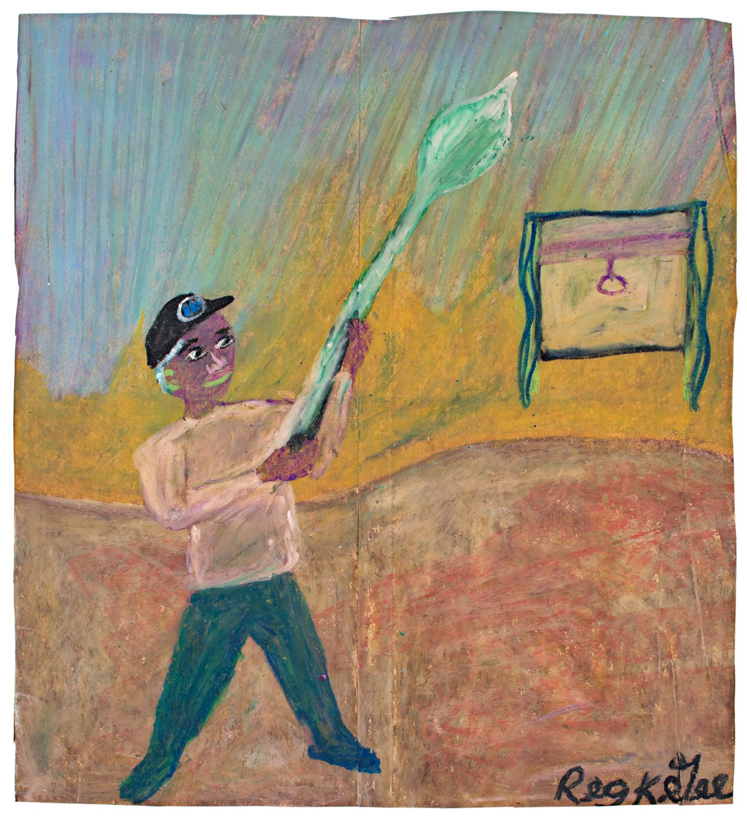 "Unusual Man" è un disegno originale a pastello a olio di Reginald K. Gee. L'artista ha firmato l'opera in basso a destra. Raffigura un uomo con un pennello gigante in un interno arancione, giallo e azzurro. 

13 1/4" x 12" art.
È disponibile