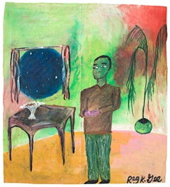 "Listening to the News", pastello a olio su busta della spesa firmato da Reginald K. Gee
