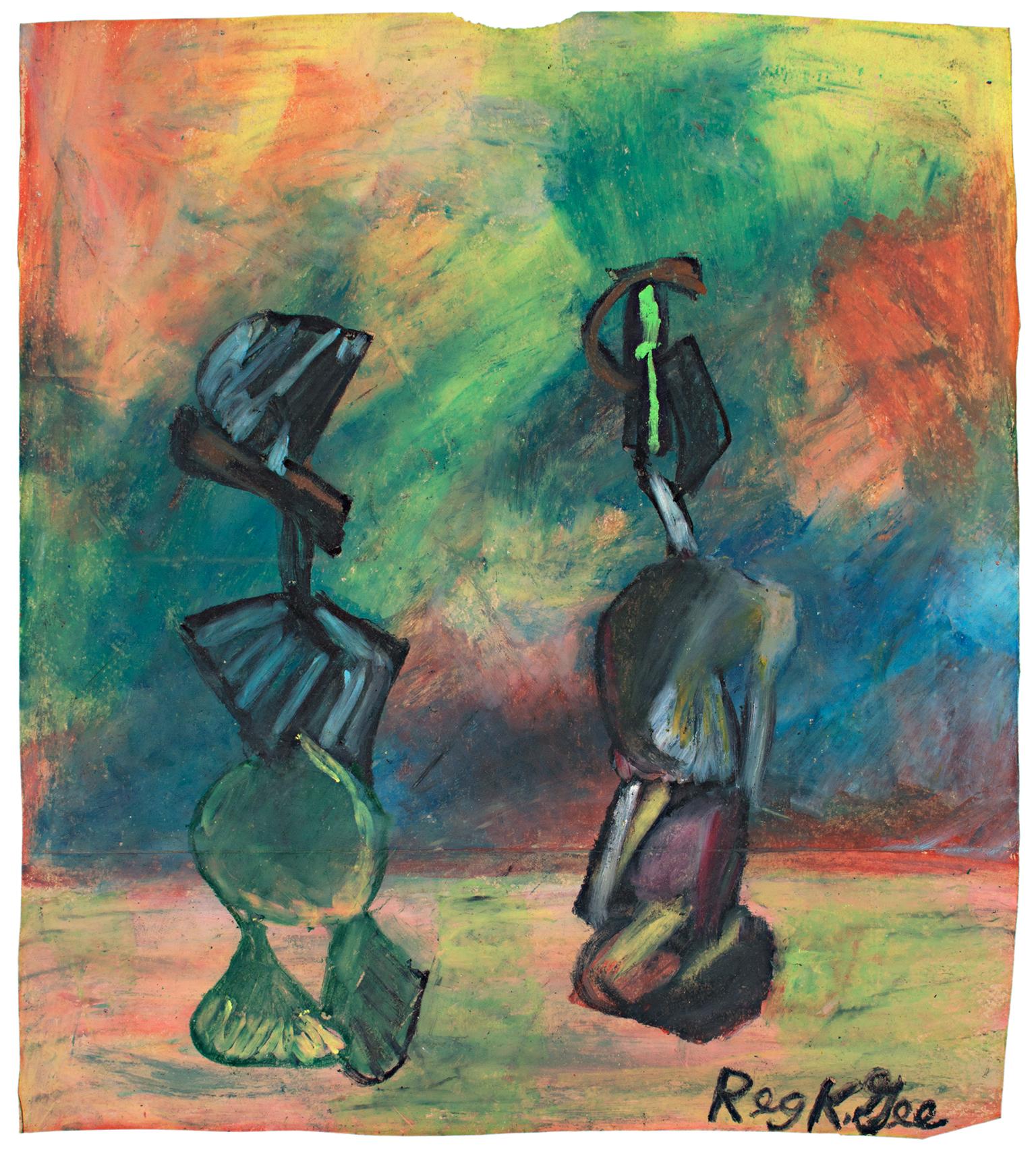 "Lebende Figuren" ist ein Original-Ölpastell auf einer Einkaufstüte von Reginald K. Gee. Der Künstler signierte das Werk unten rechts und datierte es auf der Rückseite. Es zeigt zwei abstrahierte Figuren vor einem mehrfarbigen Hintergrund. 

13 1/2"
