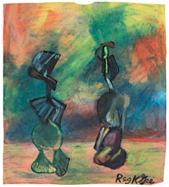 ""Figures vivantes", Pastel d'huile sur sac de cuisine signé par Reginald K. Gee