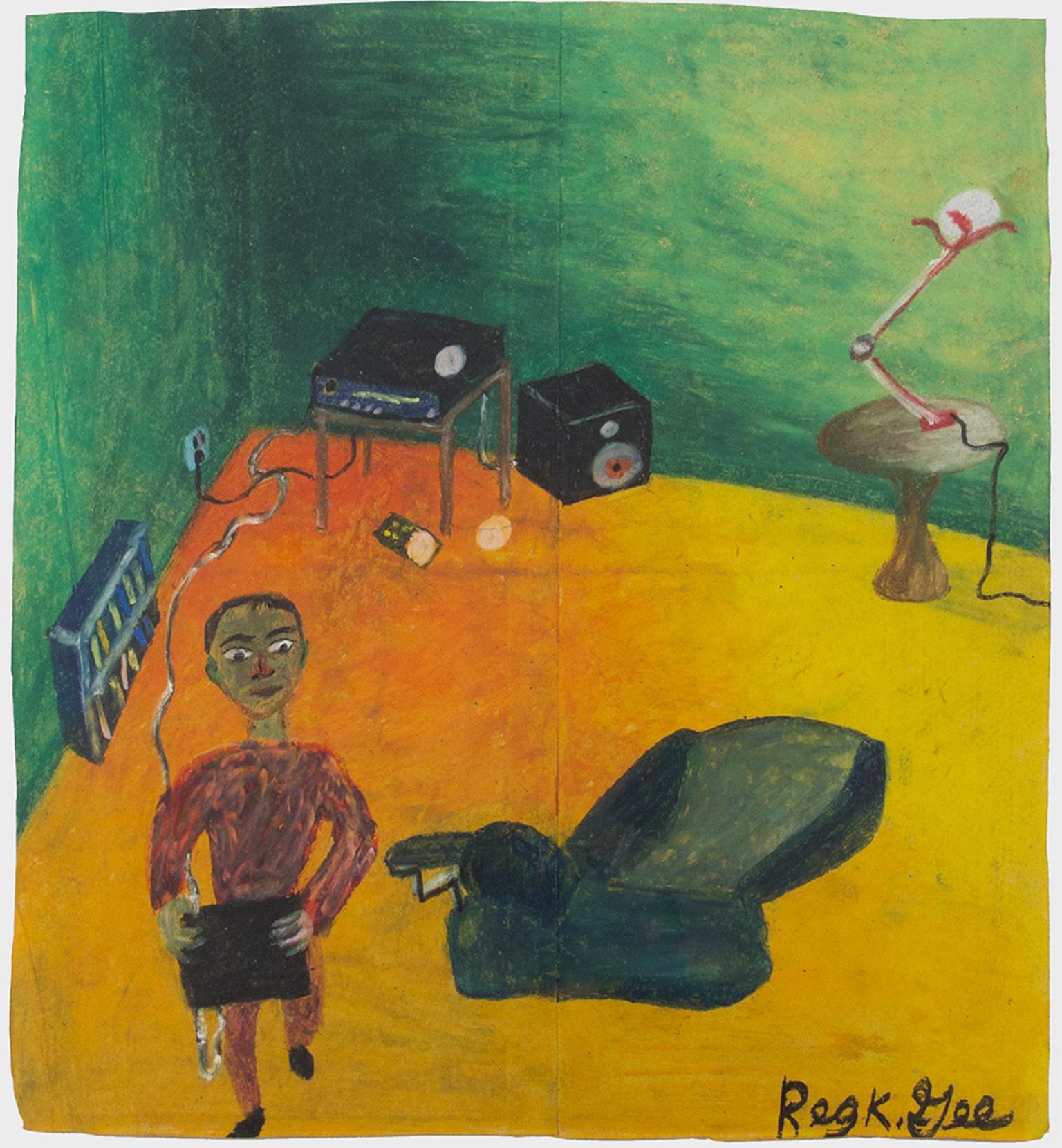 "Searching for Surround Sound" est un dessin original au pastel gras sur sac d'épicerie réalisé par Reginald K. Gee. L'artiste a signé l'œuvre en bas à droite. Elle représente un homme dans un intérieur. 

13 5/8" x 12 1/2" art
Cadre de 20 1/2" x