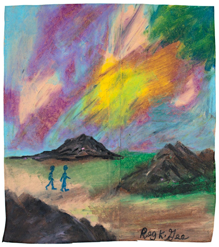 "Region Nine Walkers" is an original oil pastel drawing on a grocery bag by Reginald K. Gee. The artist signed the piece lower right and dated it on the back. It features two blue figure silhouettes walking in an expansive, mountainous