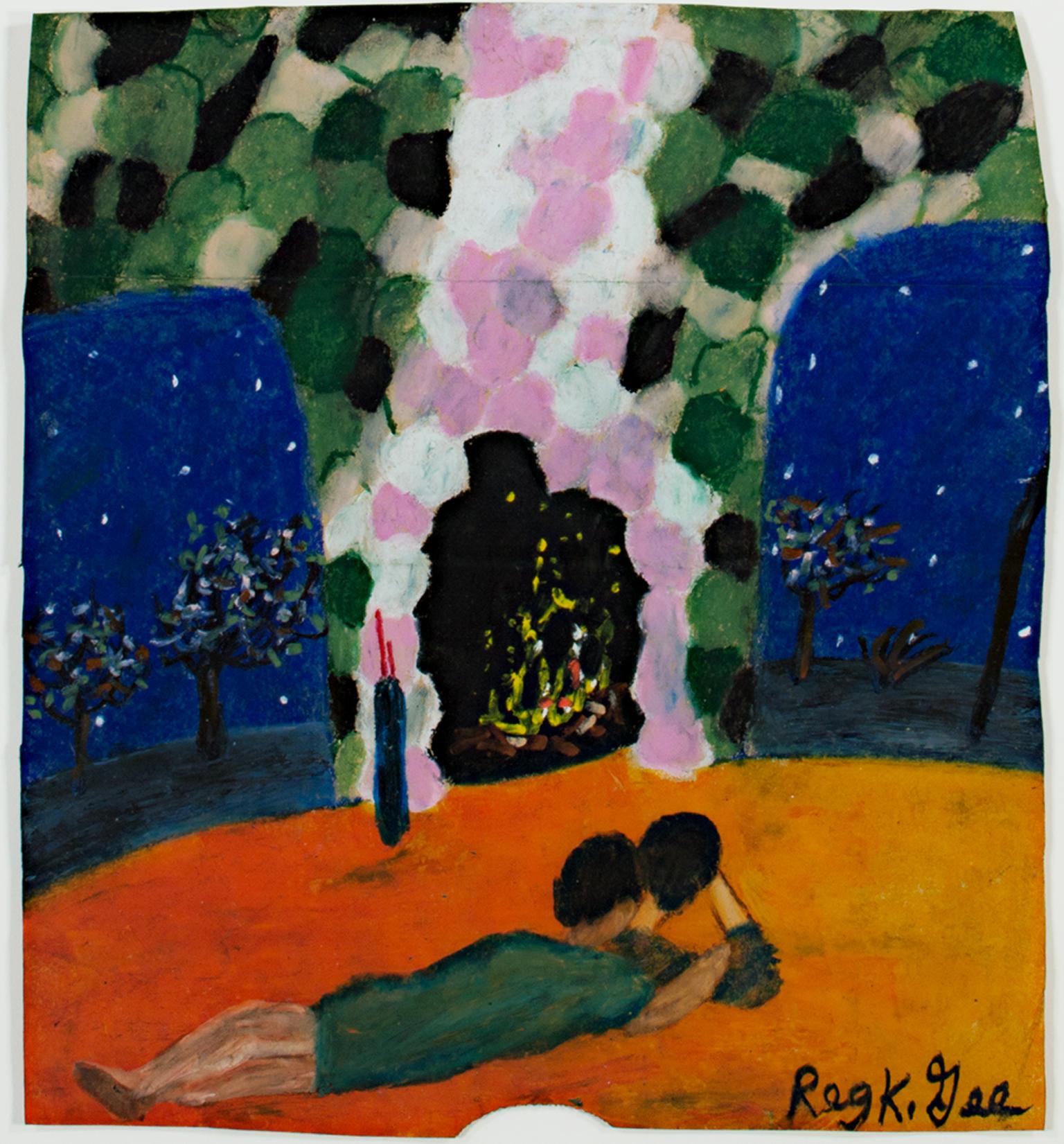 "Truth and Virtue's Room" is an original oil pastel drawing on a grocery bag by Reginald K. Gee. The artist signed the piece lower right and dated it on the back. It features two people lying in front of a fireplace and two large windows. 

13 1/2"