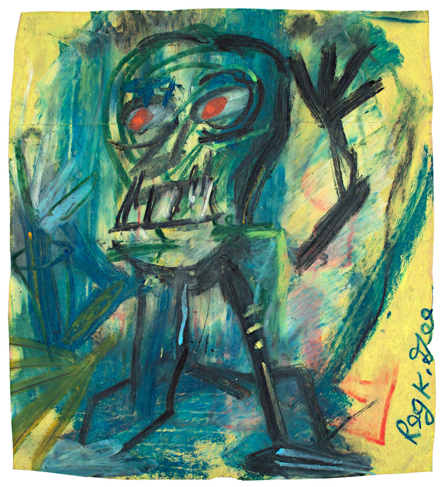 "Irate Individual" è un disegno originale a pastello a olio su una busta della spesa di Reginald K. Gee. Presenta una figura astratta arrabbiata su sfondo verde e giallo. L'artista ha firmato l'opera in basso a destra e l'ha datata sul retro.

13