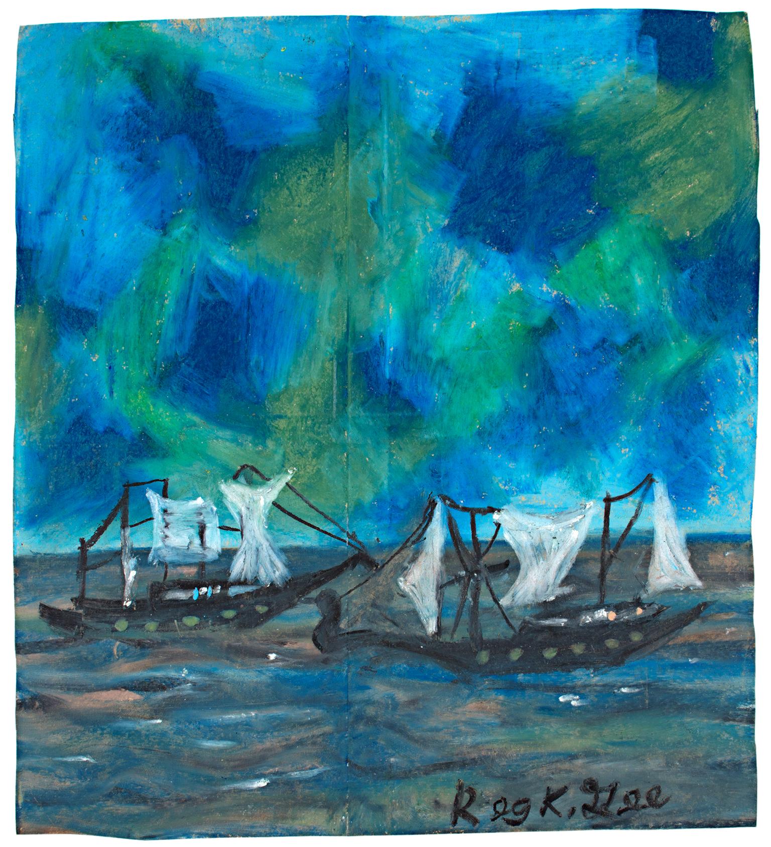 "On Lake Huron, 1956 B.C., " Oil Pastel on Grocery Bag signed by Reginald K. Gee