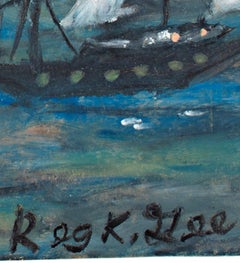 "On Lake Huron, 1956 B.C., " Oil Pastel on Grocery Bag signed by Reginald K. Gee