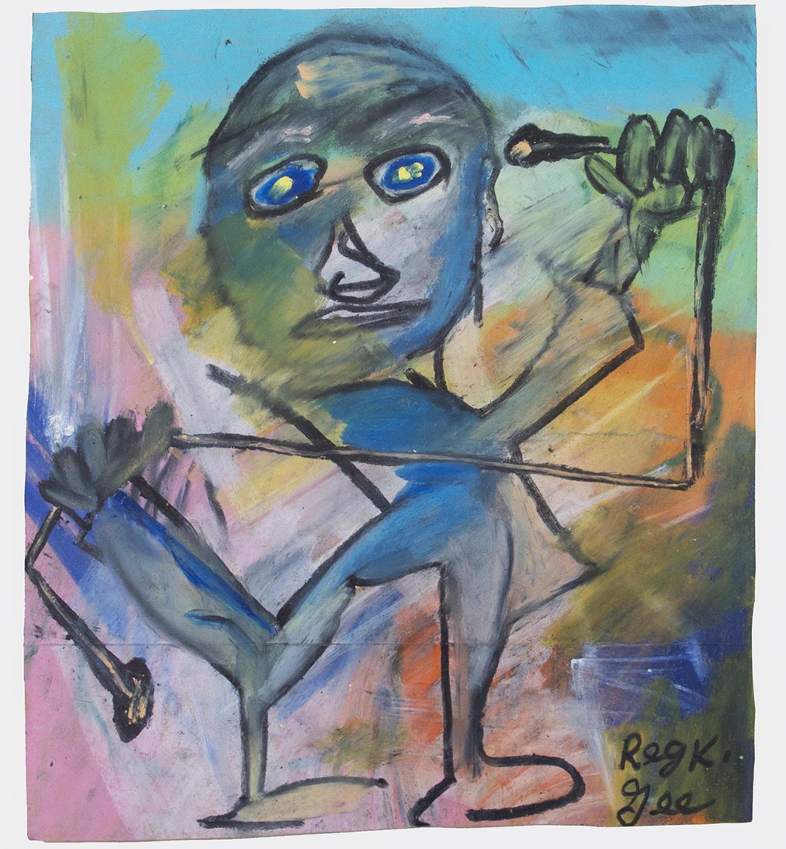 "Working Out" is an original oil pastel on a grocery bag by Reginald K. Gee. The artist signed the piece lower right. It features an abstracted figure in front of a multi-colored background. 

14" x 12" art
20 1/2" x 19" frame
Framed to conservation