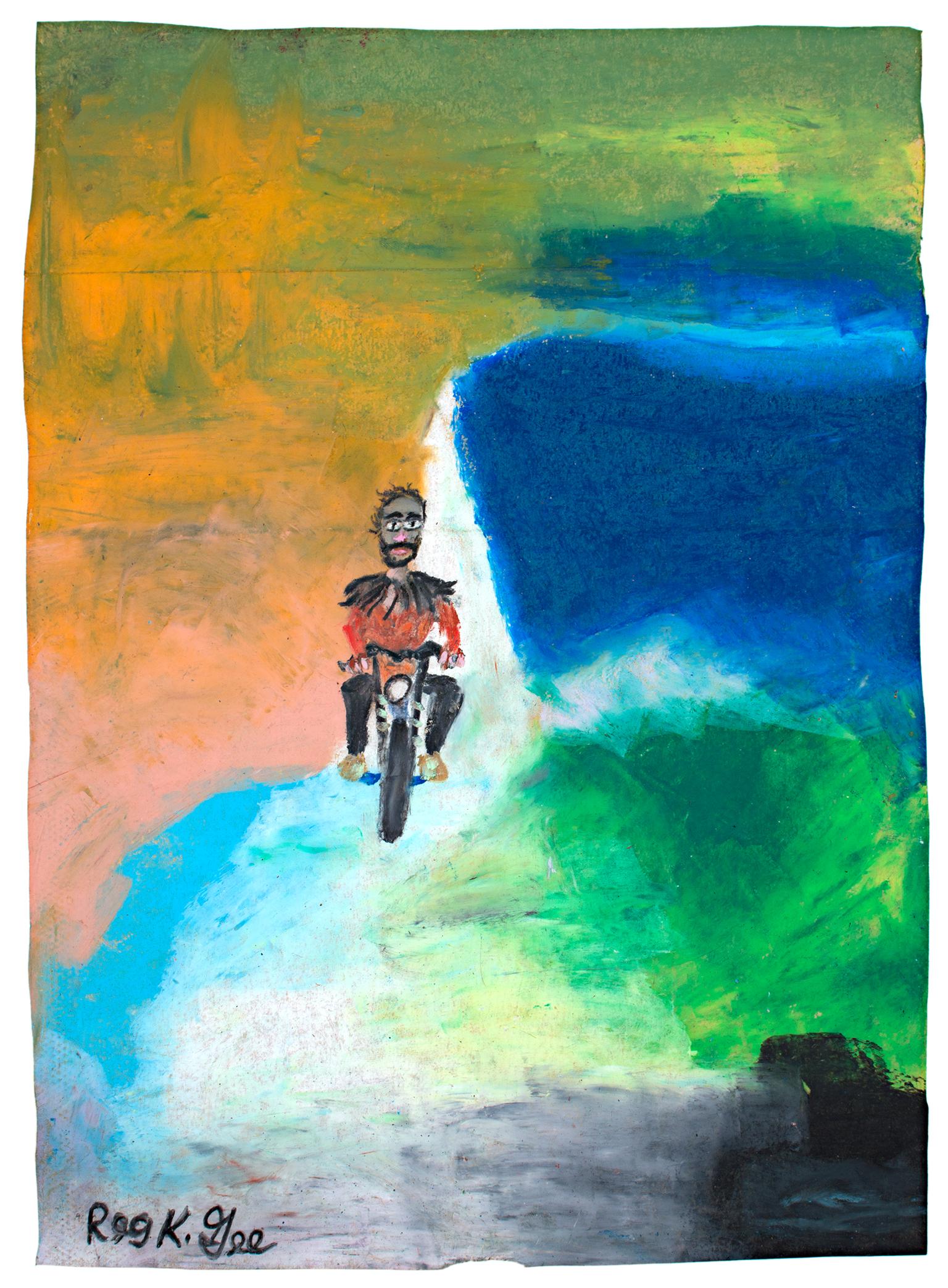 "Life Long Breezer" is an original oil pastel drawing on grocery bag by Reginald K. Gee. The artist signed the piece lower left. It features a man on a motorcycle with a multi-colored background. 

16 1/2" x 12" art
Custom framing is