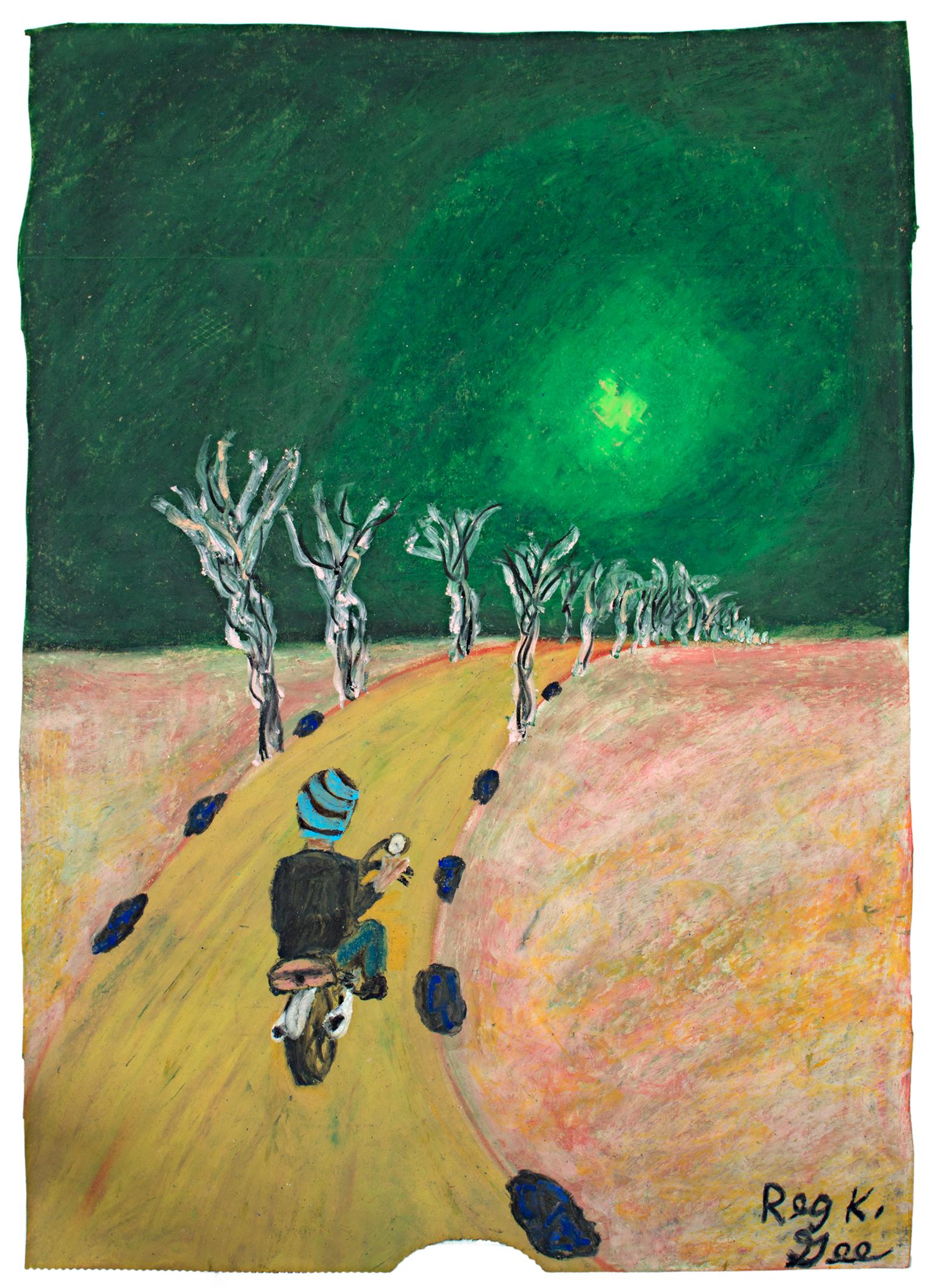 "Off to the Suburbs" is an original oil pastel drawing by Reginald K. Gee. The artist signed the piece lower right. It features a man on a motorcycle riding down a long road into a green sunset. 

16 3/4" x 12" art

Contemporary African American and