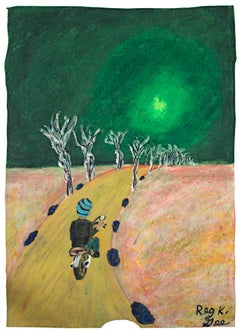 "Off to the Suburbs, " Oil Pastel on Grocery Bag signed by Reginald K. Gee