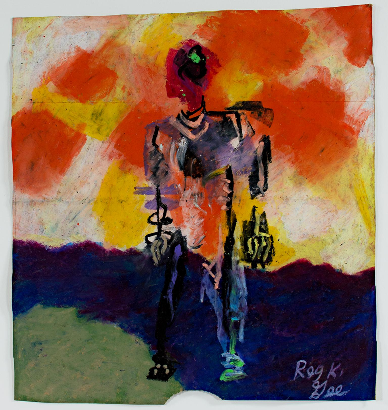 "Remembering" is an original oil pastel drawing on a grocery bag by Reginald K. Gee. The artist signed the piece lower right. It features an abstracted, skeleton-like man in front of a brightly-colored sky in orange and yellow. 

13 1/2" x 12"