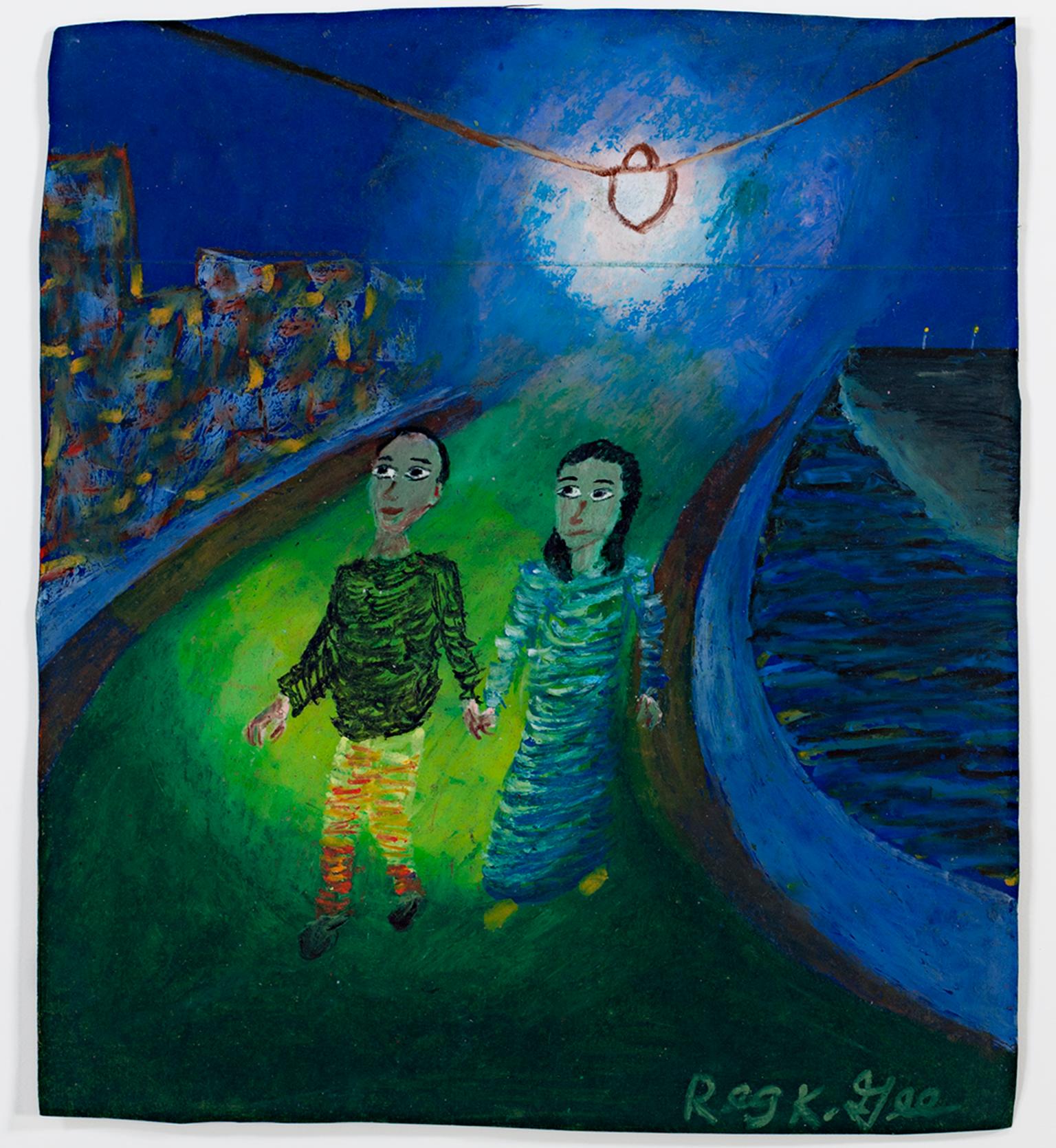 "Two Former Loners Now" is an original oil pastel on a grocery bag by Reginald K. Gee. The artist signed the piece lower right. It features two people walking towards the viewer in mostly green and blue. 

13 7/8" x 12" art
20 1/2" x 18 5/8"