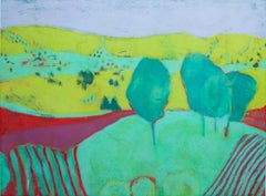 „Landscape Green“, abstrakte pastellfarbene Landschaftszeichnung von Sue Bartfield