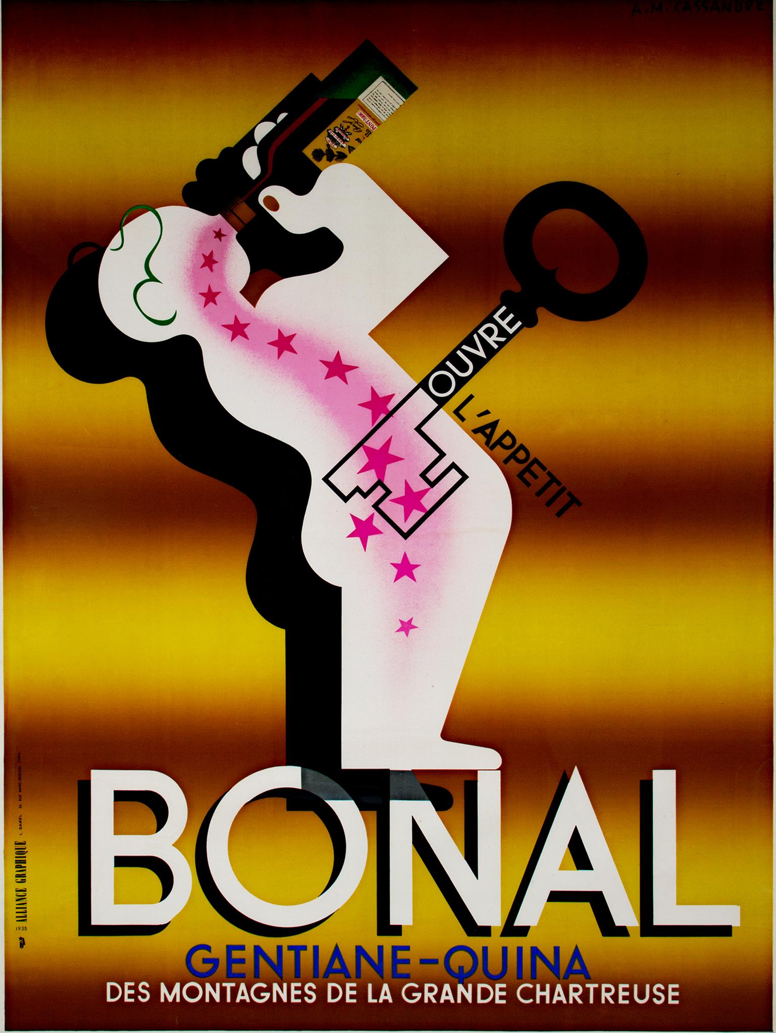 "Bonal" ist ein original lithografiertes Plakat von Adolphe Mouron Cassandre. Es zeigt eine abstrahierte Figur, die Bonal Gentiane Quina trinkt, einen Cocktail oder Aperitif, der, vor einer Mahlzeit getrunken, den Appetit anregt. Diese Figur steht