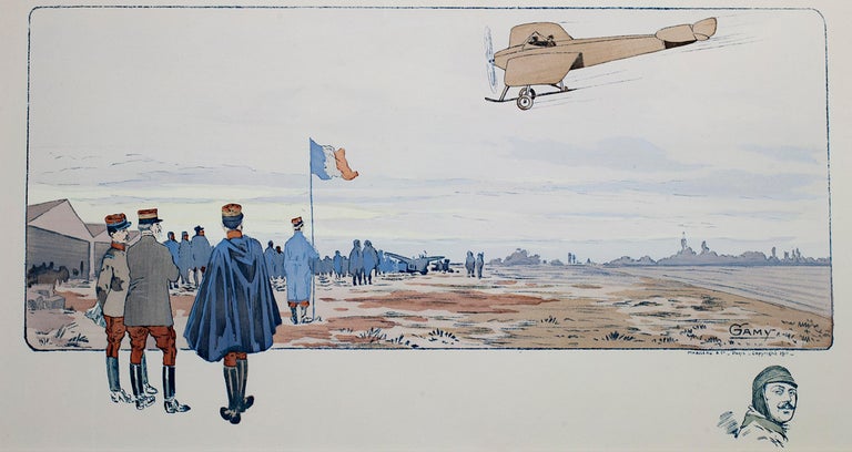 Marguerite Montaut Landscape Print - "French Air Show with Remarque of Head of Pilot," Lithograph & Stencil by GAMY