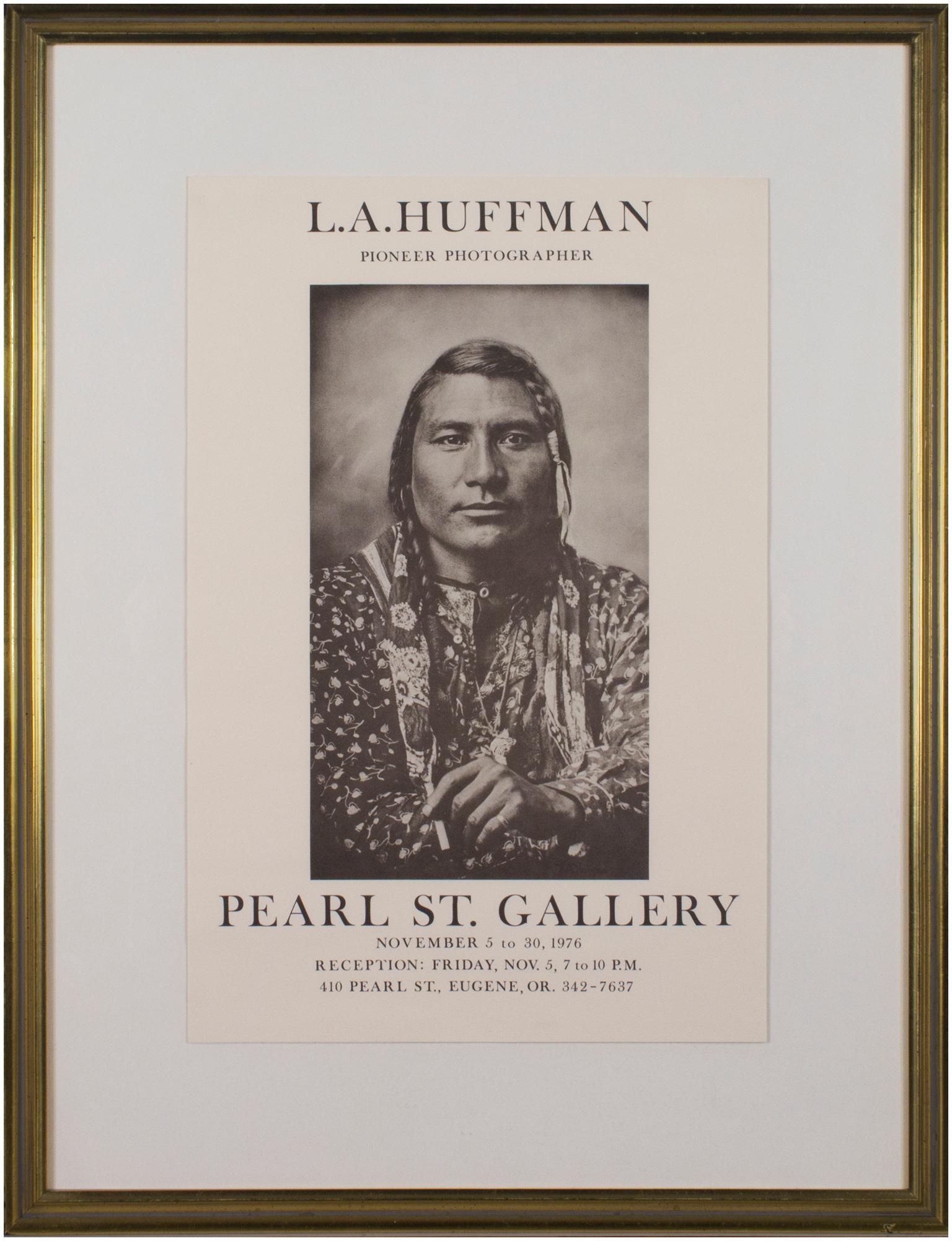 This poster depicts a photograph by Laton Alton Huffman and is advertising an exhibition at Pearl St. Gallery in Oregon from 1976. It depicts a sitting portrait of a Native American man. 

17 1/2