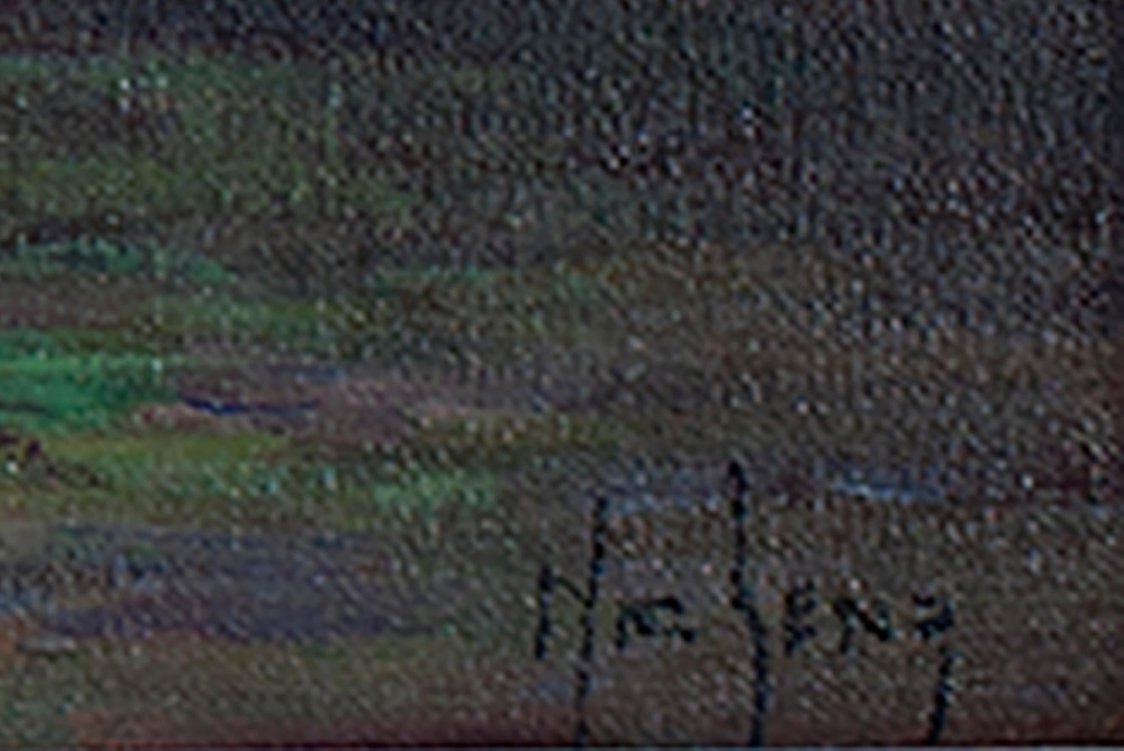 Paesaggio del XX secolo dipinto ad olio con scena pastorale e figura, casa, albero, firmato - Painting di Nic Lenz