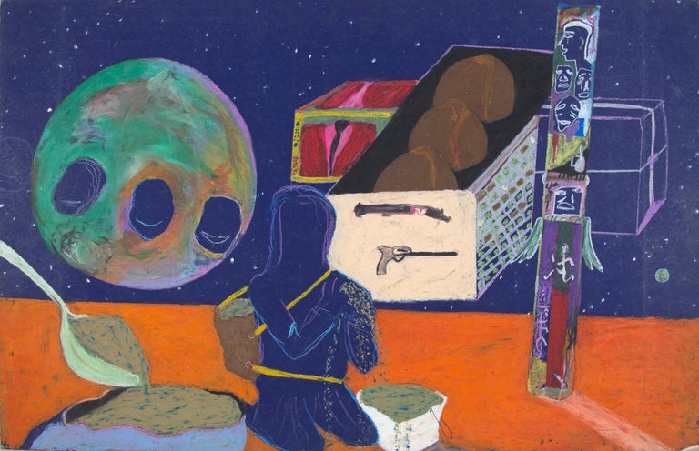 "Relax the Sames on Nepturn" is an original oil pastel drawing by Reginald K. Gee. The artist signed the piece on the back. It depicts a shadowy figure holding brownish sand on a red-surface planet. There is a totem pole and various other surreal