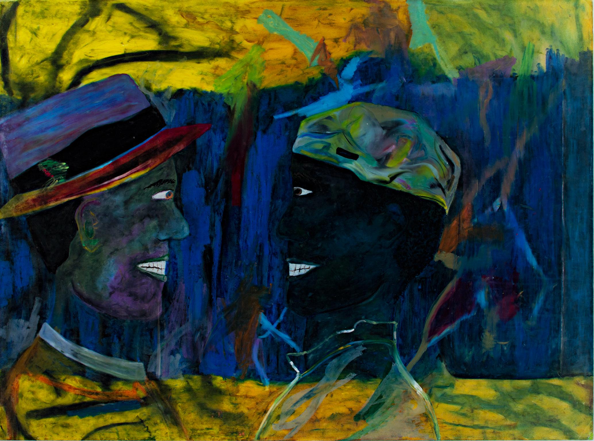 Reginald K. Gee Figurative Art - "Two Foreign Pen Pals Meet at the Airport in a Mutually Foreign Country" by Gee