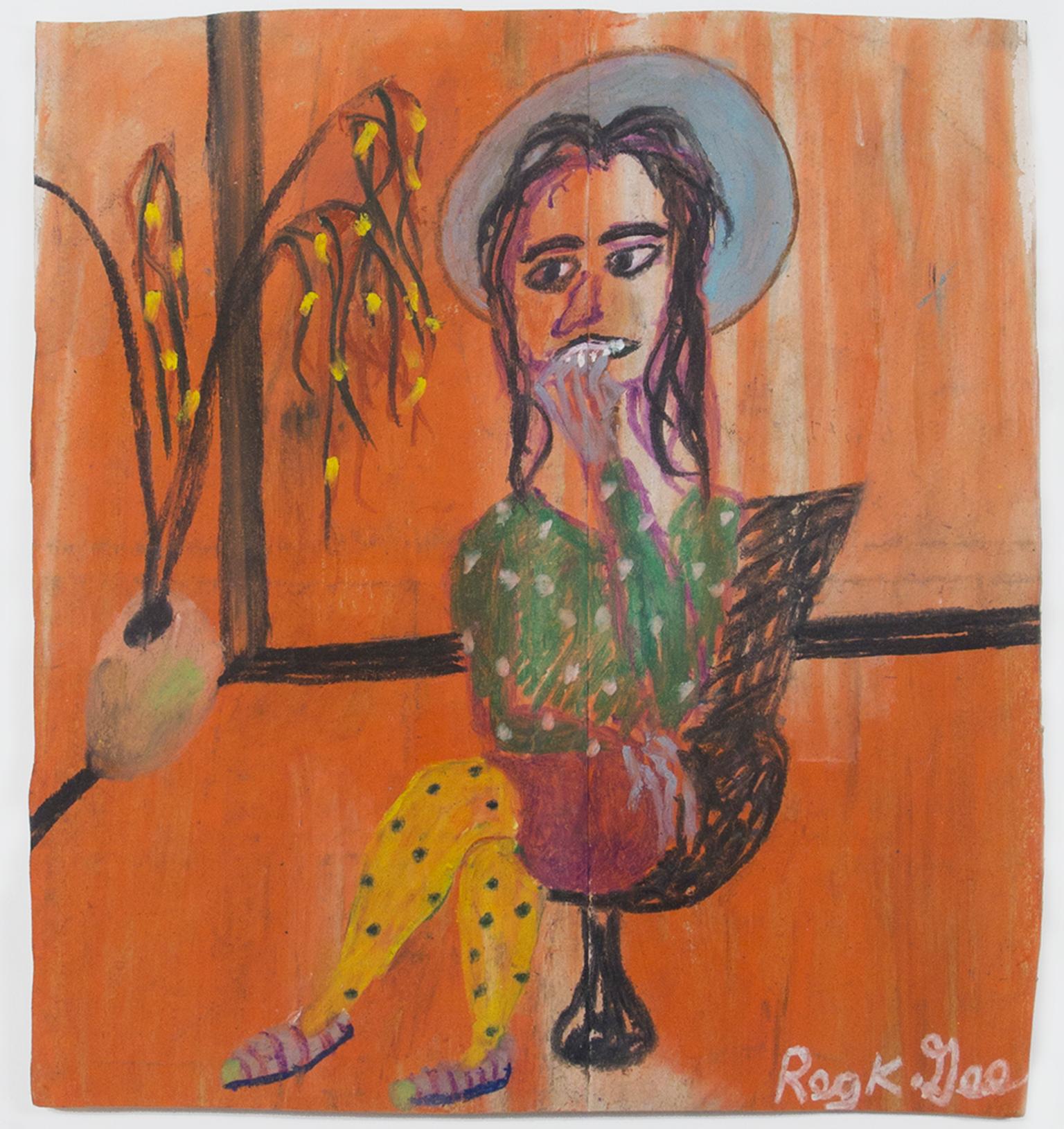 "Waiting Chitra," Pastel on Grocery Bag signed by Reginald K. Gee