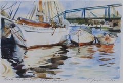 "Boats at Anchor After Sargent, " Harbor Watercolor Scene signed by Craig Lueck