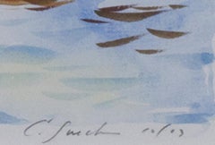 Aquarelle contemporaine paysage bateaux eau reflet pont ciel signée