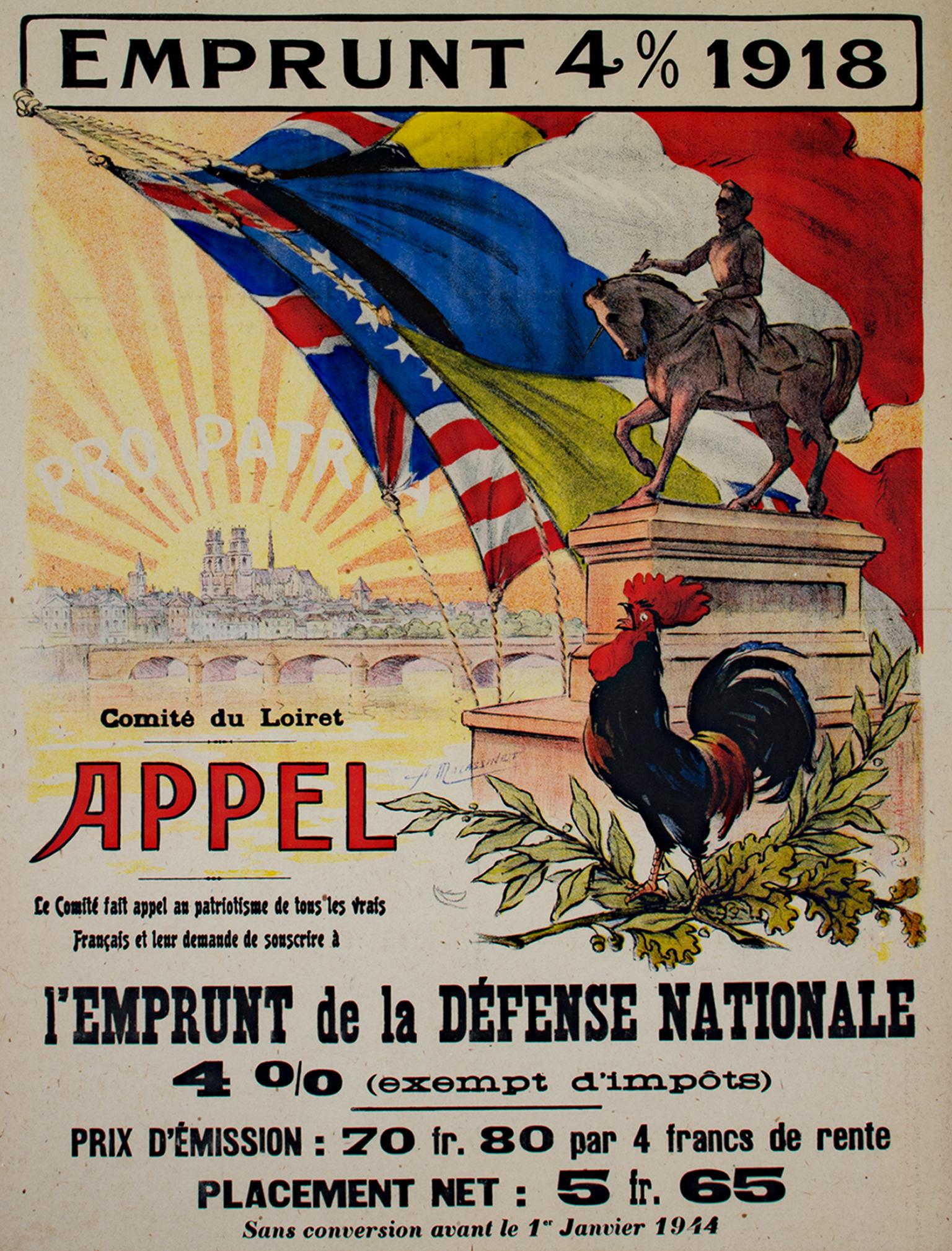 "Emprunt 4% 1918 - Appel" is an original lithograph poster by A. Malassinet. This poster advertised a fund for the national defense during World War I. The following are two statements from facilities that have this poster in their archives,