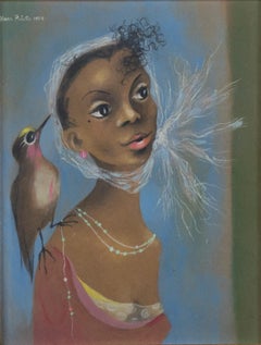 "Young Girl (Girl with Bird)," Original Gouache on Paper signed by Karl Priebe