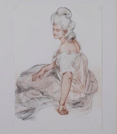 Antique 19th century color lithograph figurative print seated female subject signed