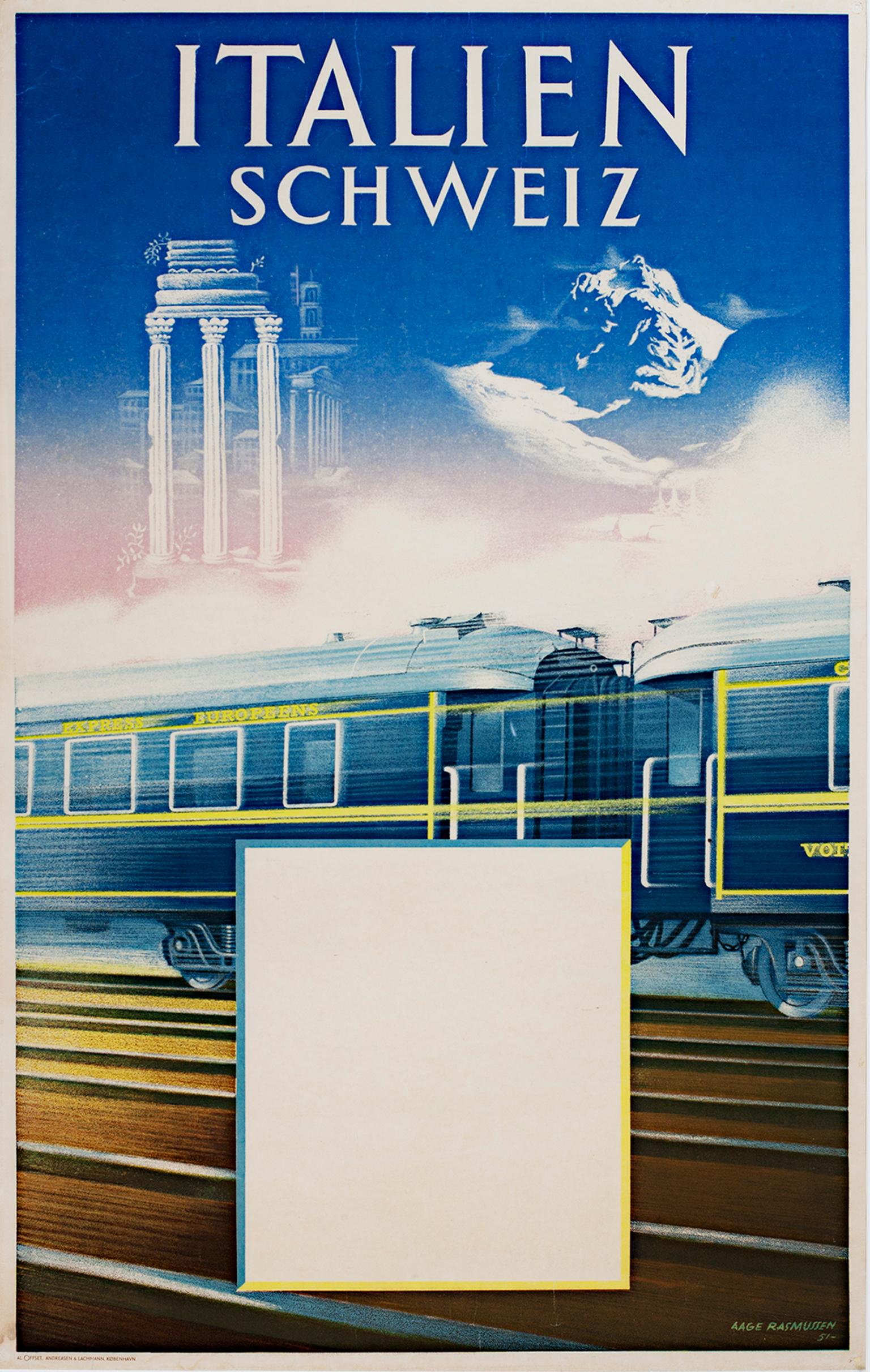 "Italien Schweiz (Train)" est une affiche originale en lithographie couleur de Aage Rasmussen. On y voit un train qui passe à toute vitesse devant des monuments d'Italie. 

39 1/4" x 24 1/4" art
cadre de 49 1/2" x 33 5/8"

Aage Rasmussen(1889-1983)