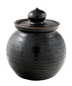 Vintage "Covered Jar, " Black Glazed Stoneware signed by Mark Shekore