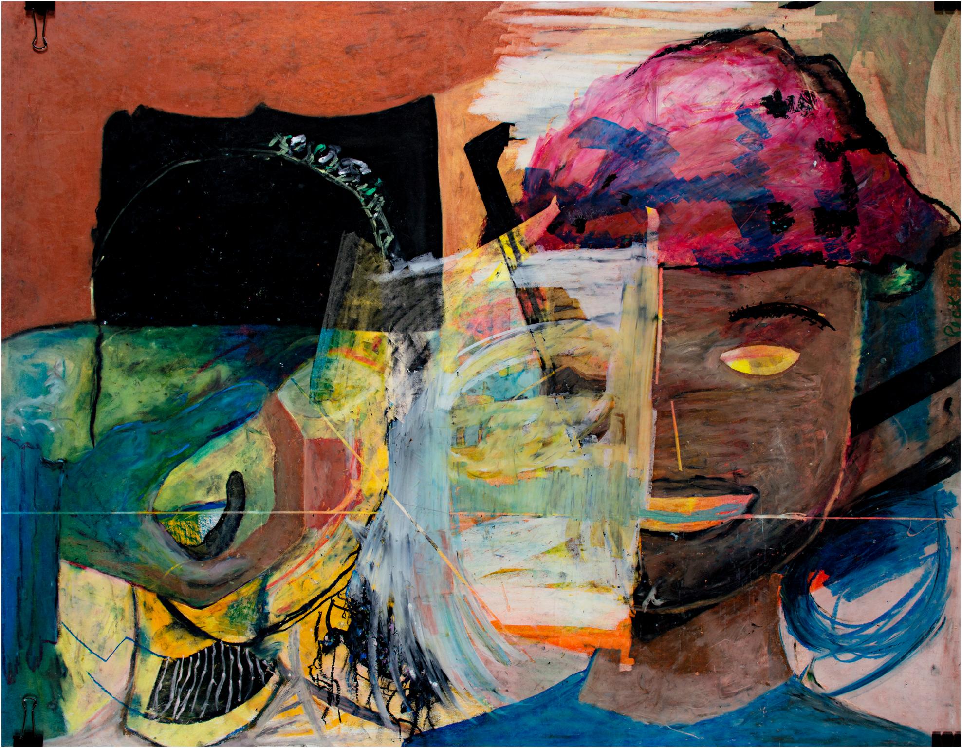 "Hand, Gesicht mit Raum" ist ein Original-Ölpastell von Reginald K. Gee. Der Künstler hat das Werk am rechten Rand und auf der Rückseite signiert. Es zeigt ein abstrahiertes Gesicht und eine Hand sowie eine Vielzahl von expressionistischen,