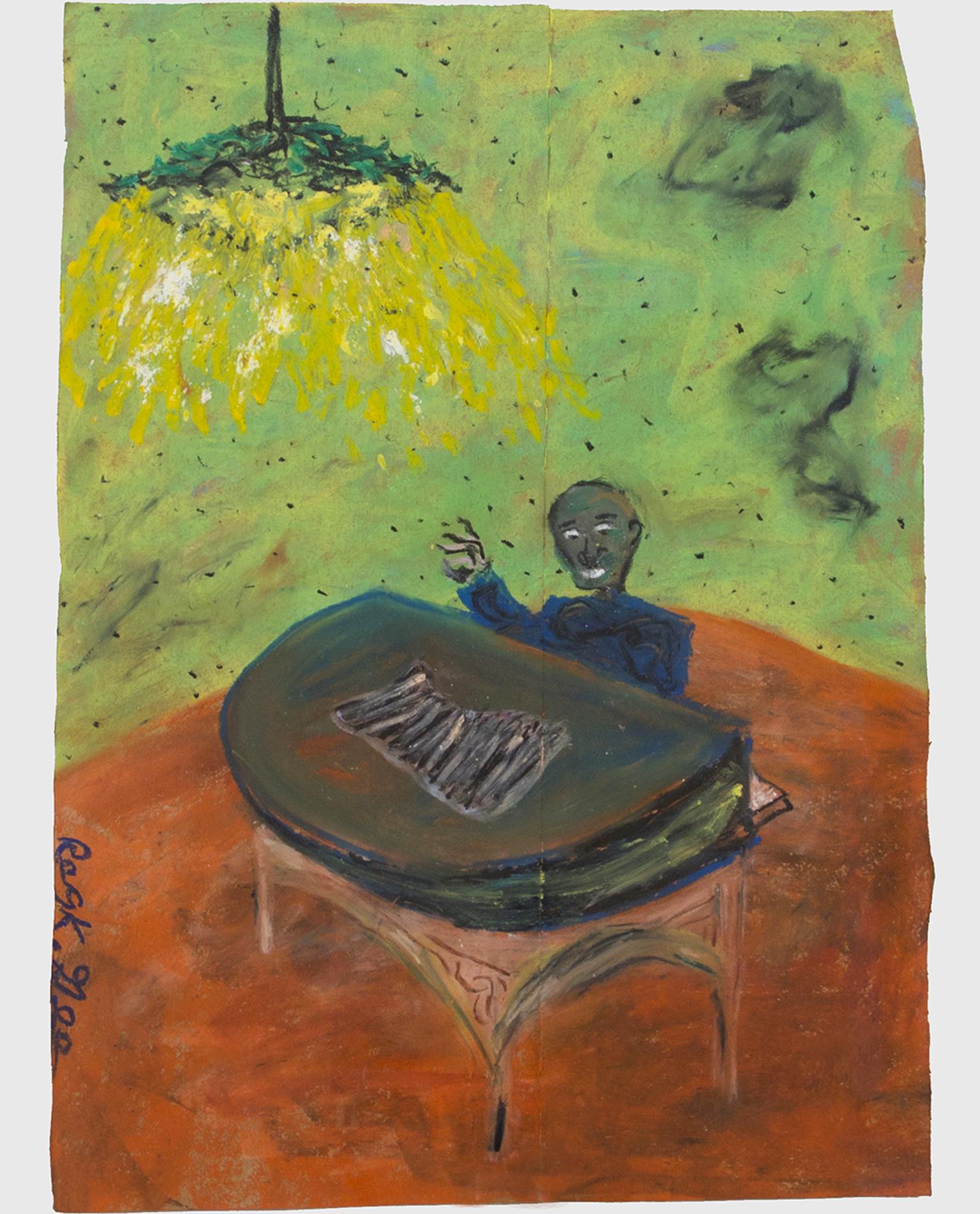 "Midnight Writer Attempting Music, " Oil Pastel on Grocery Bag by Reginald K. Gee