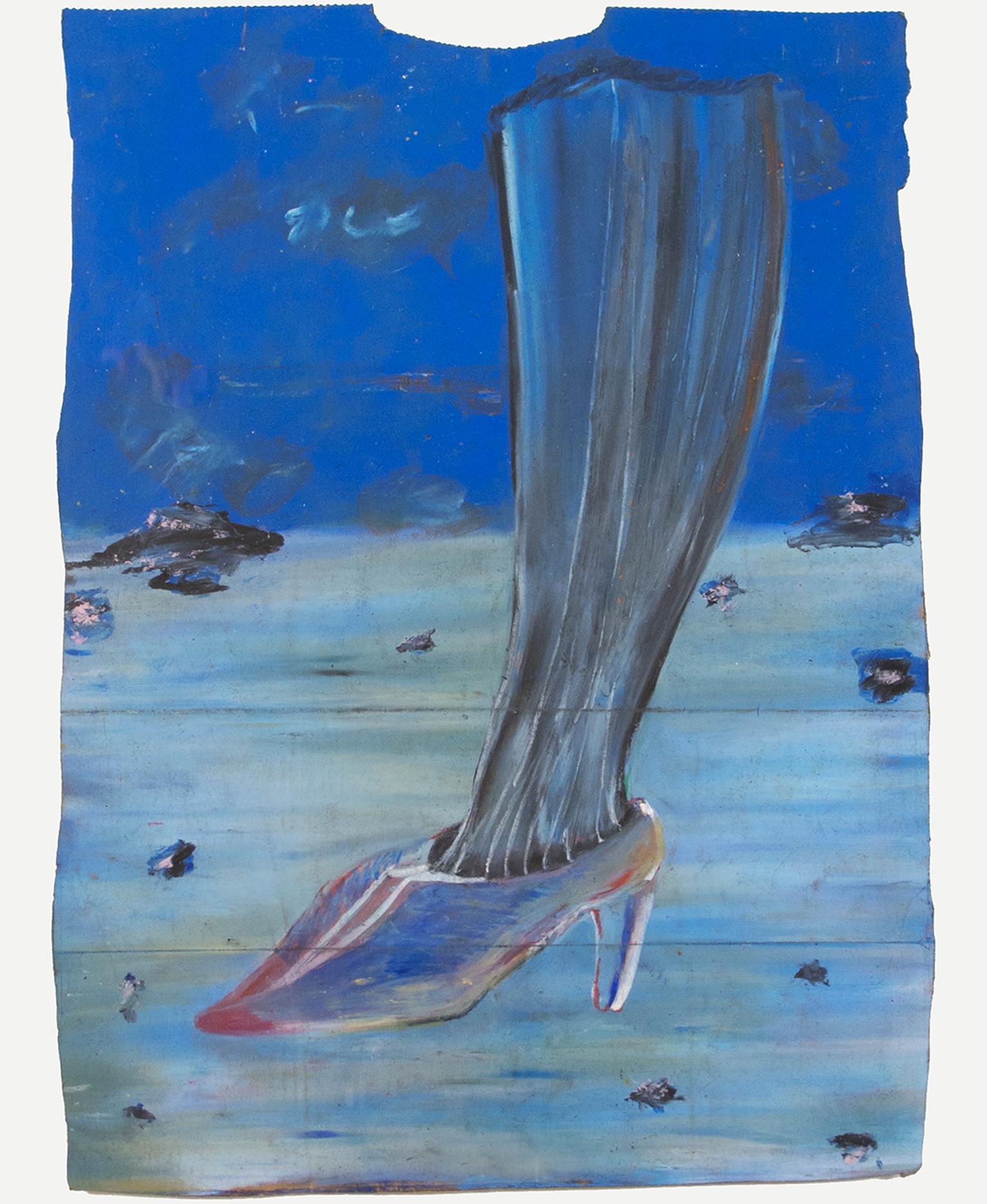 "Leg & Shoe in Blue, " Oil Pastel on Grocery Bag signed by Reginald K. Gee