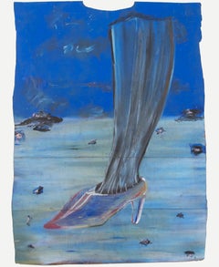 "Leg &amp;amp; Shoe in Blue", Pastel d'huile sur sac de cuisine signé par Reginald K. Gee