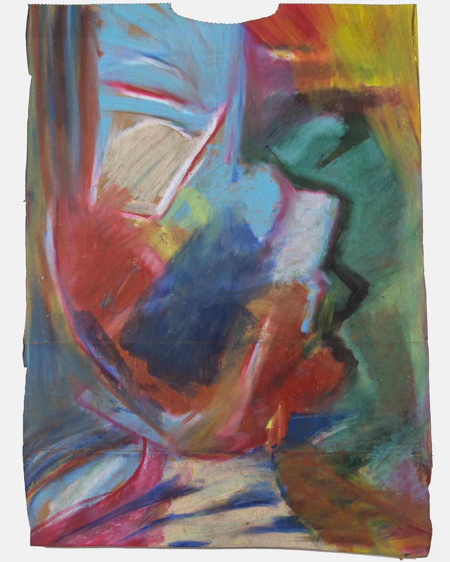 "Jittip" is an original oil pastel drawing on a grocery bag by Reginald K. Gee. The artist signed the piece on the back. It features abstract, expressionist marks in blue, red, orange, green, yellow, and white. 

16 1/4" x 11 3/4" art
20 1/2" x 19"