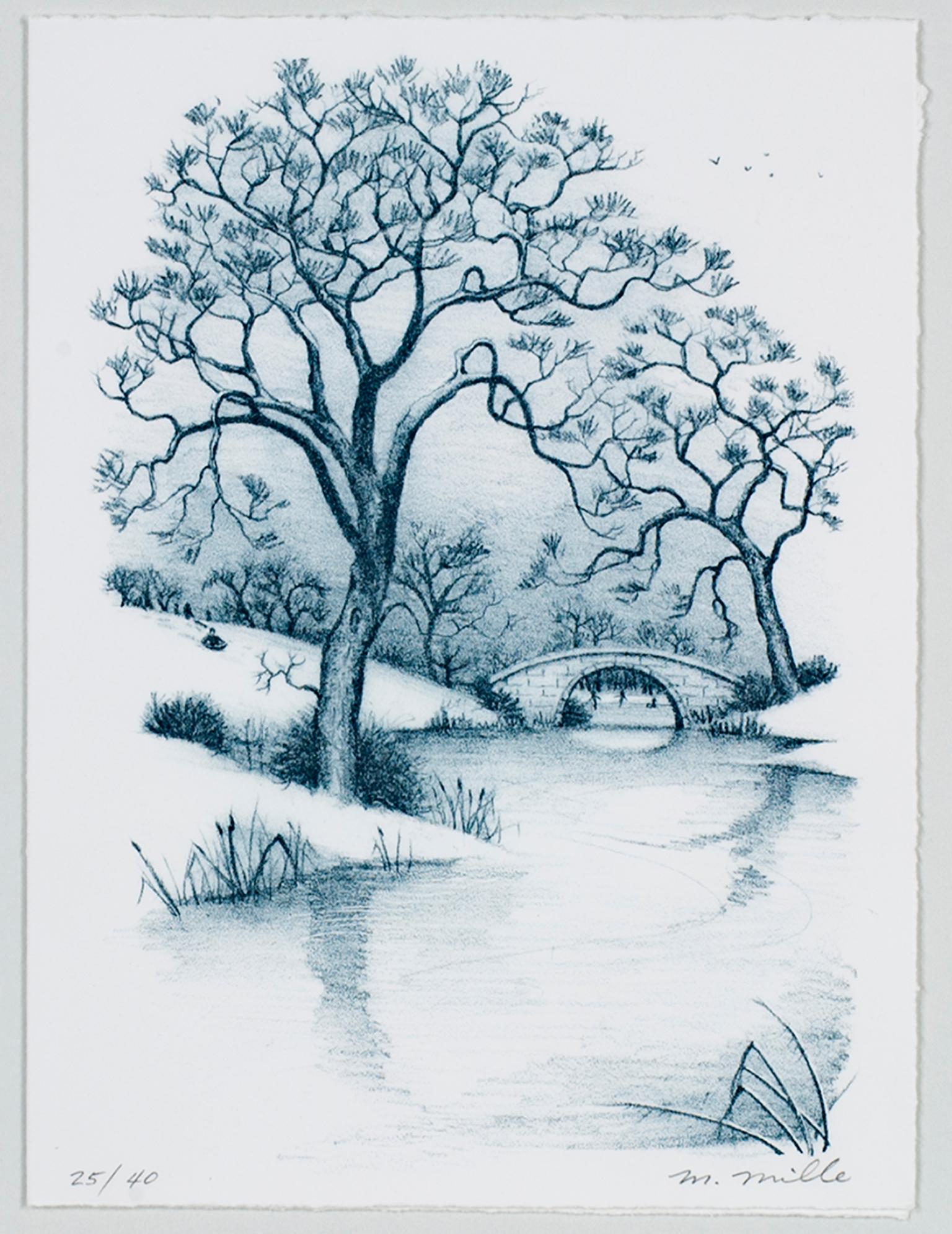""Season's Greetings", Winterlandschaft, Lithographie in Blau, signiert von Mark Mille