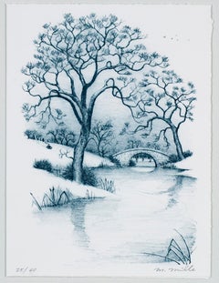 "Season's Greetings", litografia di paesaggio invernale in blu firmata da Mark Mille