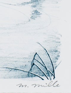 "Season's Greetings, " Winter Landscape Lithograph in Blue signed by Mark Mille