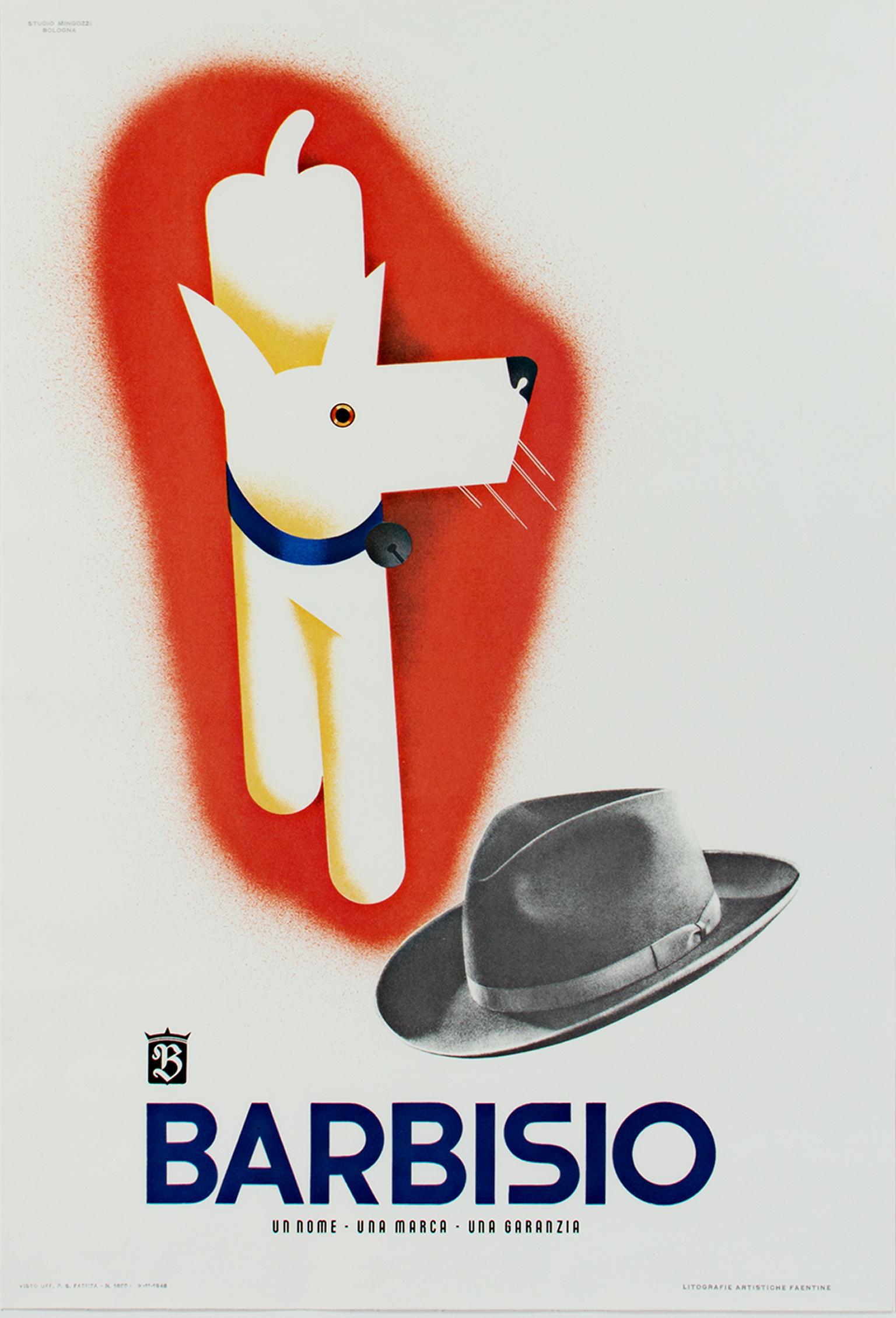 "Barbisio (Hund & Hut)" ist ein Offset-Farblithografie-Plakat von Giovanni Mingozzi, das hier aus dem Originaldruck des Plakats stammt. Es zeigt einen weißen Hund, umgeben von einer roten Aura und einem schwarz-weißen Hut. Dieses Plakat ist eine