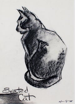 "Seated Cat, " Charcoal Drawing with Stamped Signature by Sylvia Spicuzza