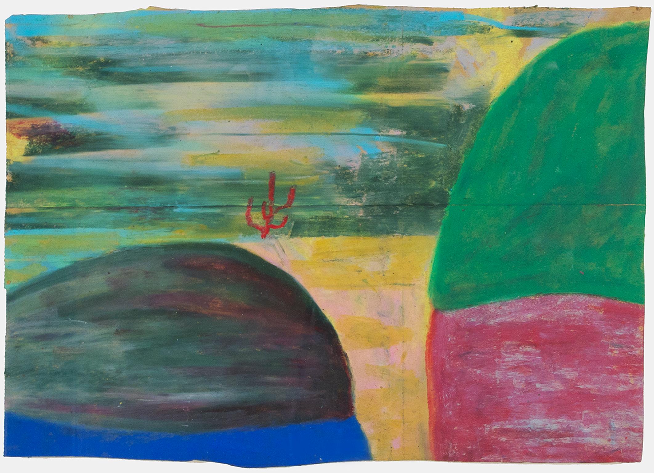 "Red Cactus, " Oil Pastel Landscape on Grocery Bag signed by Reginald K. Gee