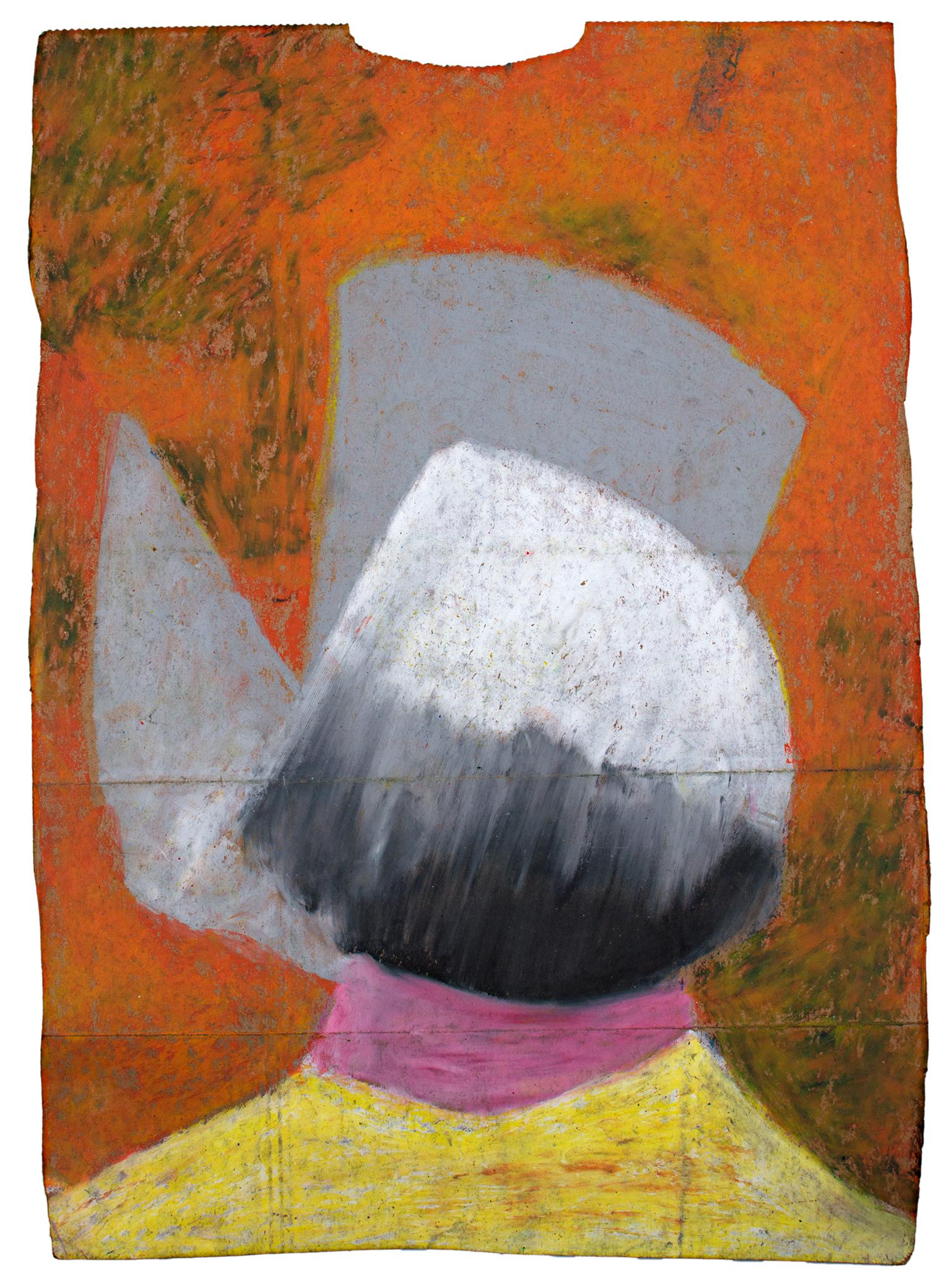"Glower" ist eine Original-Pastellzeichnung auf einer Einkaufstüte von Reginald K. Gee. Die Künstlerin signierte das Werk auf der Rückseite des Kunstwerks. Dieses Werk zeigt abstrakte Zeichen in Form einer menschlichen Büste. Der Hintergrund ist