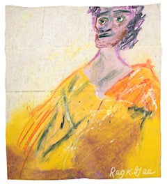 "Tired Person", Pastel d'huile figuratif sur sac de cuisine signé par Reginald K. Gee