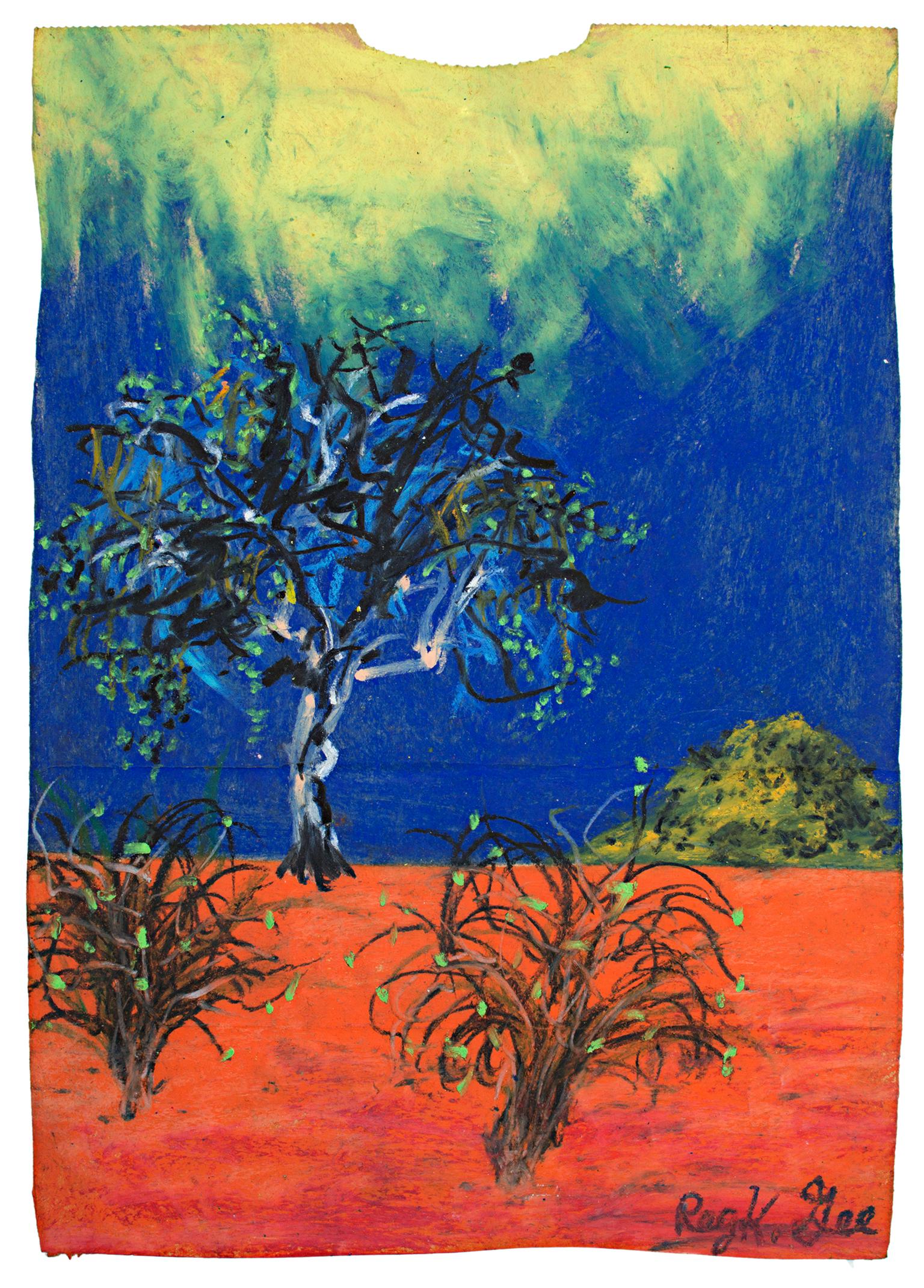 "Oncoming Dawn" est un dessin original au pastel à l'huile sur un sac d'épicerie de Reginald K. Gee. L'artiste a signé l'œuvre en bas à droite. Il présente un paysage essentiellement stérile avec trois arbres. Le sol est orange et le ciel bleu. 

16