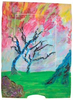 "Foto de árboles", paisaje al óleo pastel sobre bolsa de la compra firmado por Reginald K. Gee