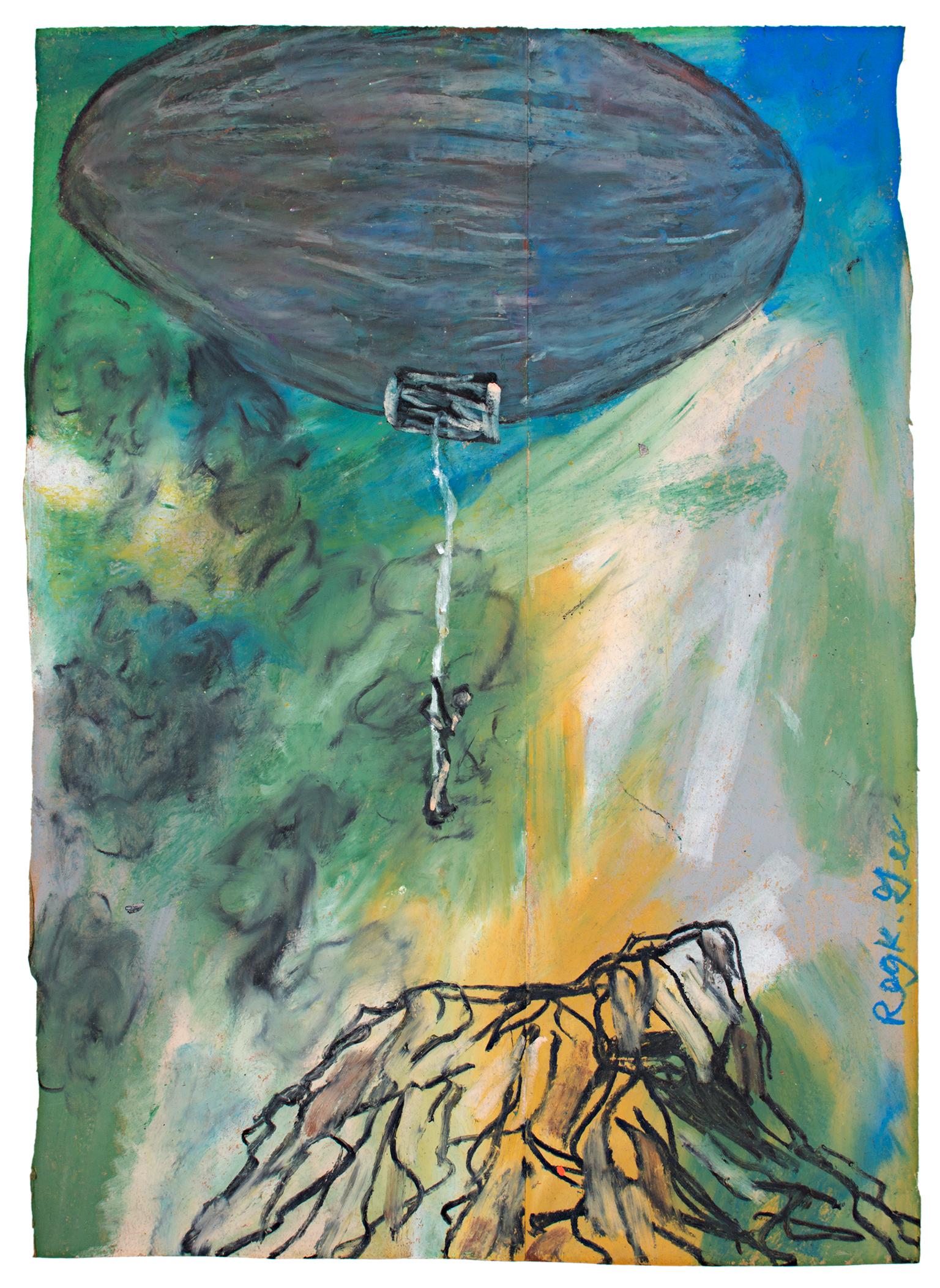 "The Key Figure at Cold Moment" ist ein Original-Ölpastell auf einer Papiertüte von Reginald K. Gee. Der Künstler hat das Werk am unteren rechten Rand signiert. Diese Arbeit zeigt eine Figur, die von einem Luftschiff auf einen Berg herabgelassen