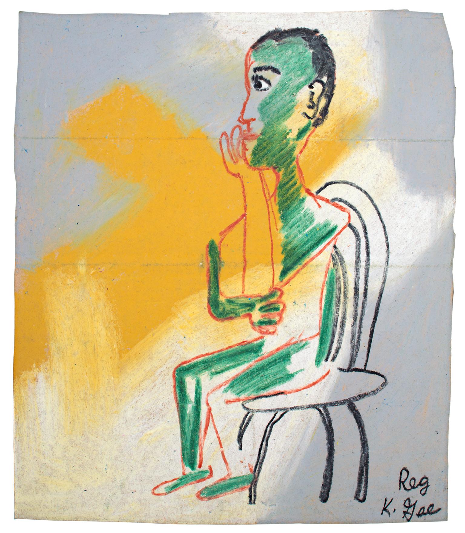 "The Average Guy" is an original oil pastel drawing on a grocery bag by Reginald K. Gee. The artist signed the piece lower right. This piece features a seated man with his head resting in his hand. He is outlined in red and has green. The background