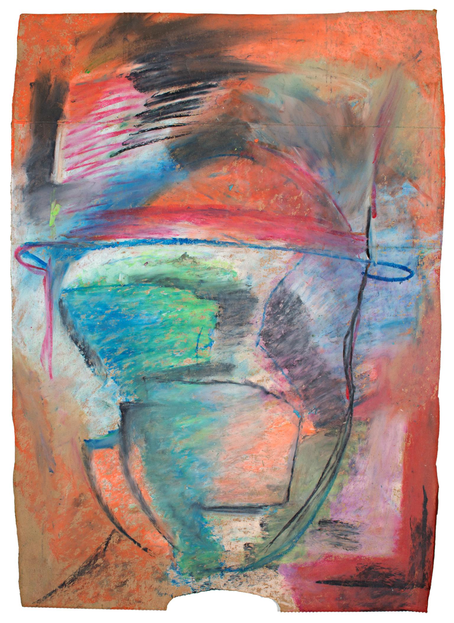 "Liek" est un dessin original au pastel gras sur un sac en papier de Reginald K. Gee. L'artiste a signé l'œuvre au dos. Elle présente des champs de couleurs abstraites et des marques gestuelles, sur lesquelles est dessinée la suggestion d'un visage