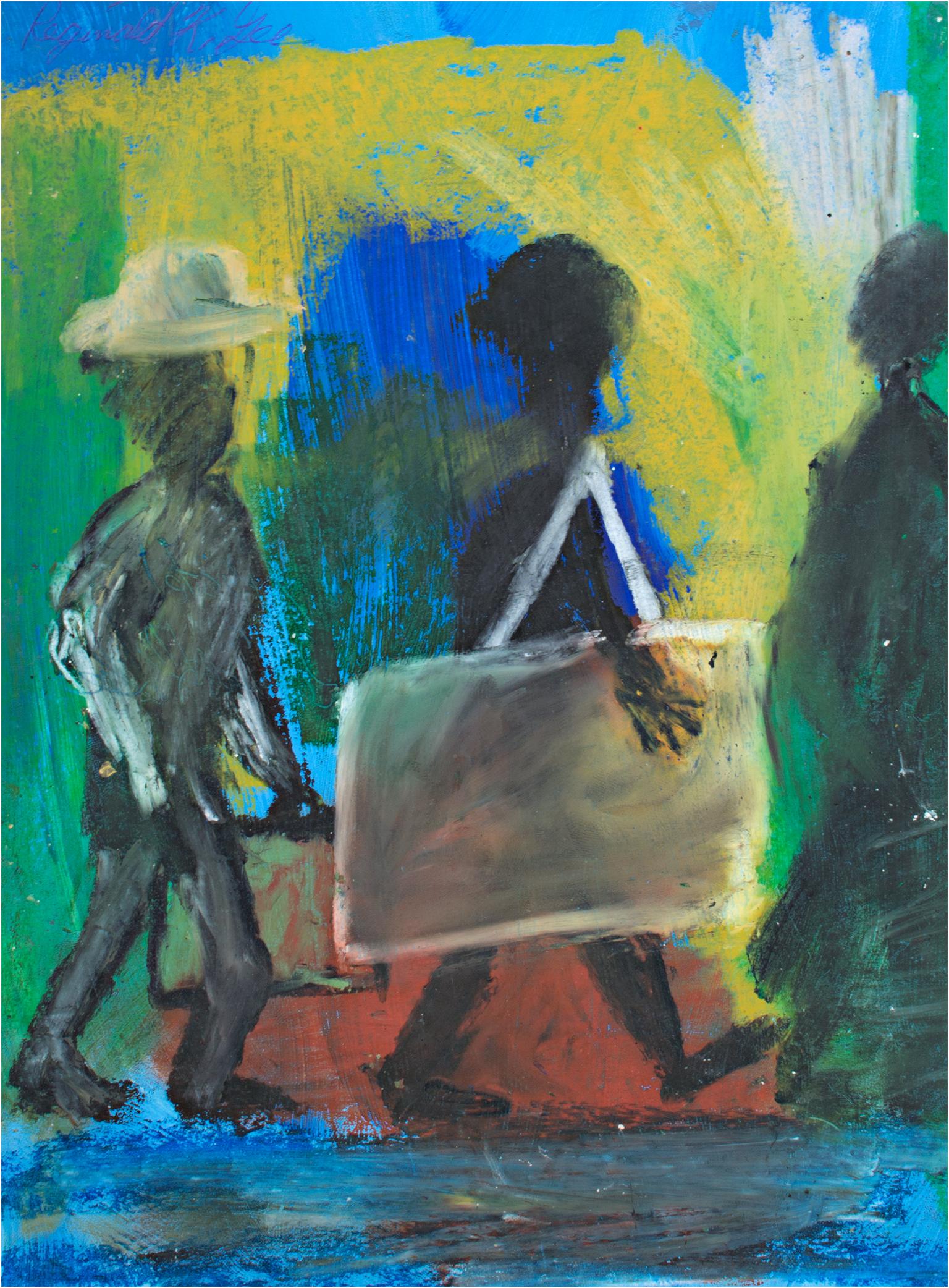 "Walk" is an original oil pastel and acrylic painting on paper by Reginald K. Gee. The artist signed the piece on the back. This piece features a line of three people walking in front of an abstract background. One man carries a large portfolio,